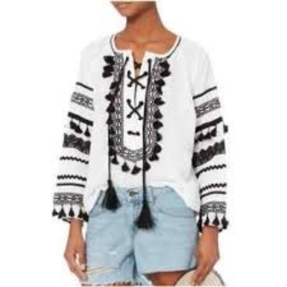 Dodo Bar Or | Malka Tassel Top in White + Black